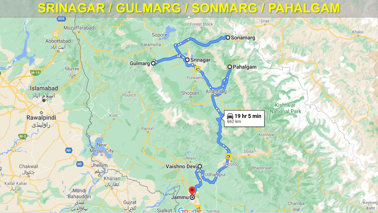 Srinagar To  Pahalgam Map