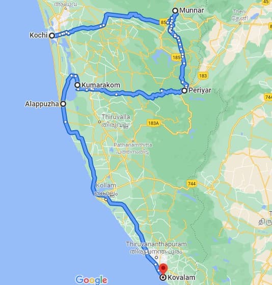 Images/ItineraryMap/Cochin munnar thekkady kumarkom alleppey kovalam.jpg
